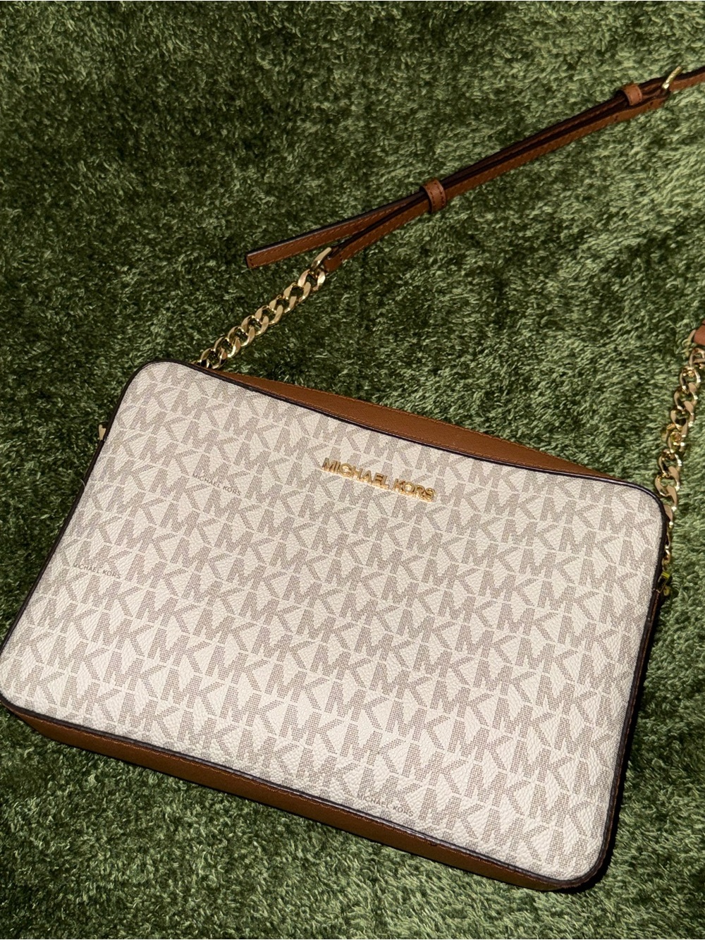 Michael Kors Logo-Print Crossbody Bag in Brown and Vanilla